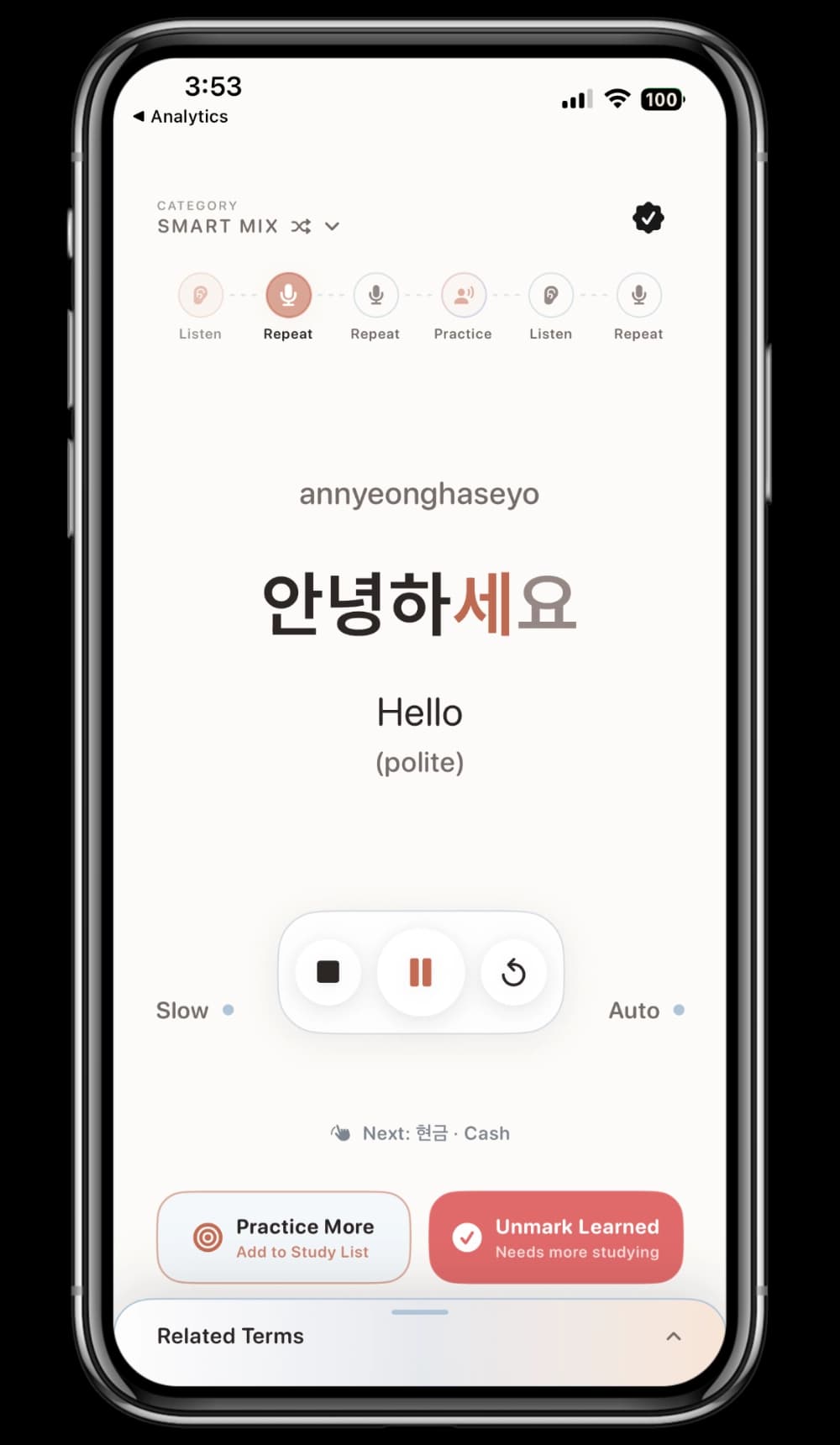 Jjin audio-first Korean lesson on iPhone
