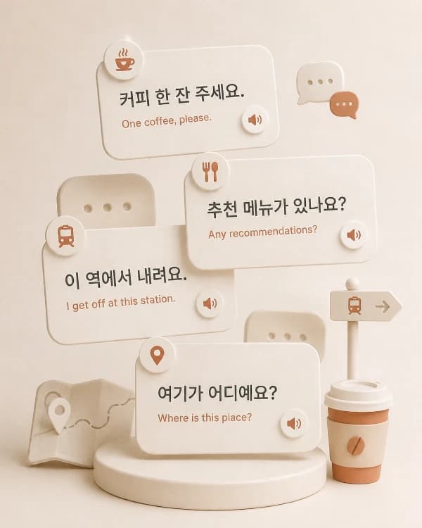 Illustrated icons for Korean cafe phrases and directions