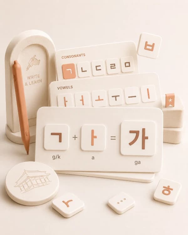 Illustrated Korean consonant and vowel blocks for learning Hangul