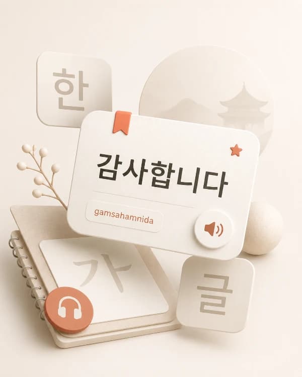 Illustrated icons representing Korean greetings and app-based learning