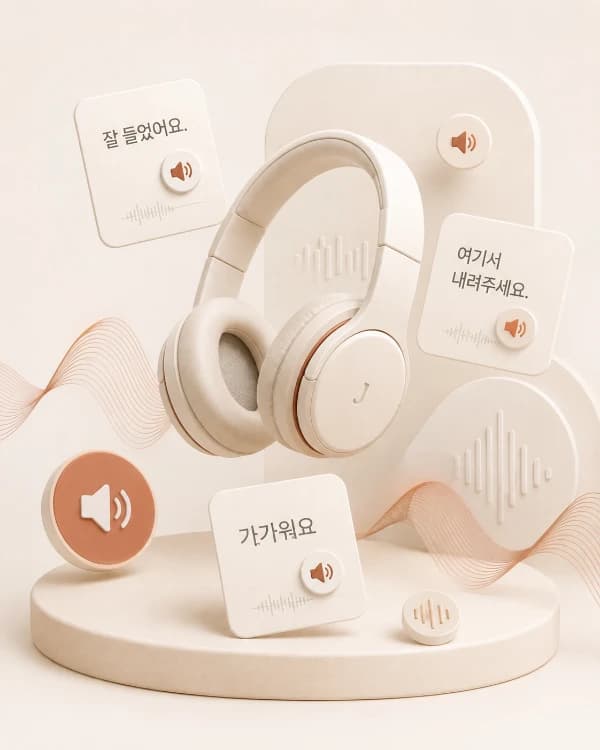 Illustrated icons representing Korean listening and audio practice