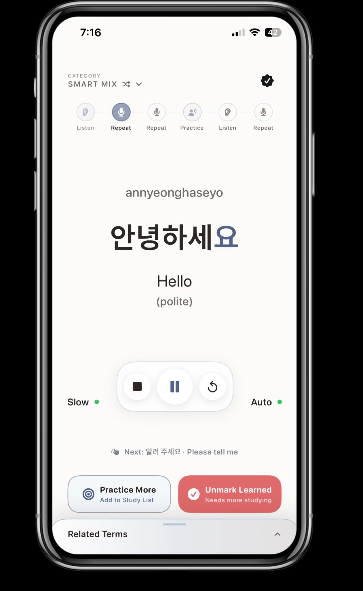 Jjin app showing 안녕하세요, hello in Korean