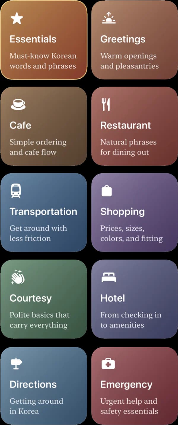 Jjin Korean learning categories screen