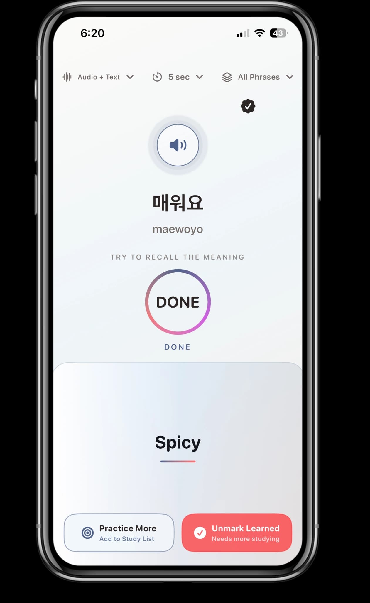 Jjin app completed Korean recall review for the word spicy