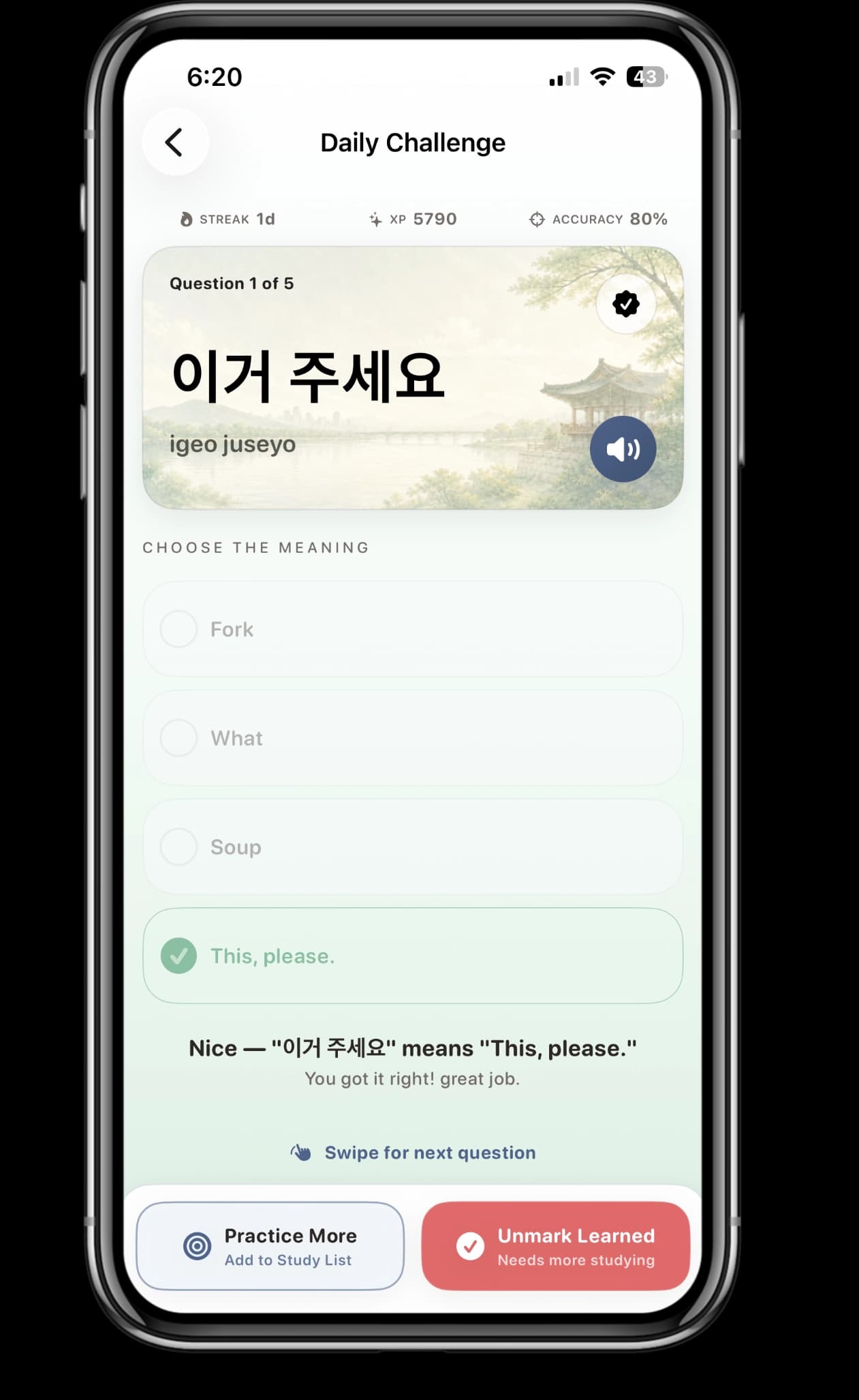 Jjin app daily Korean phrase challenge with a correct answer