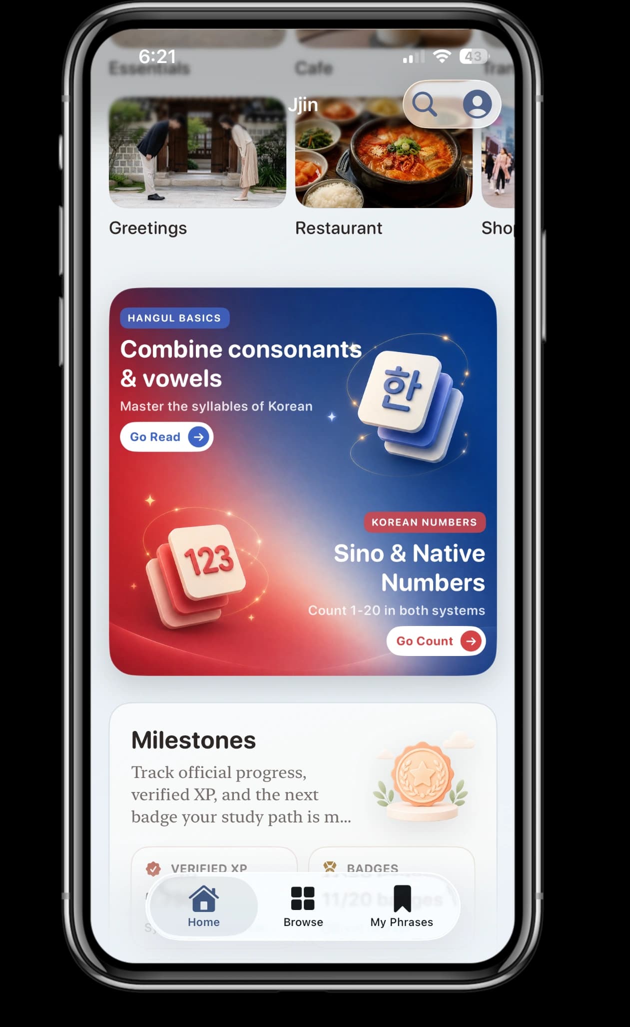 Jjin app learning hub with Hangul basics and Korean numbers
